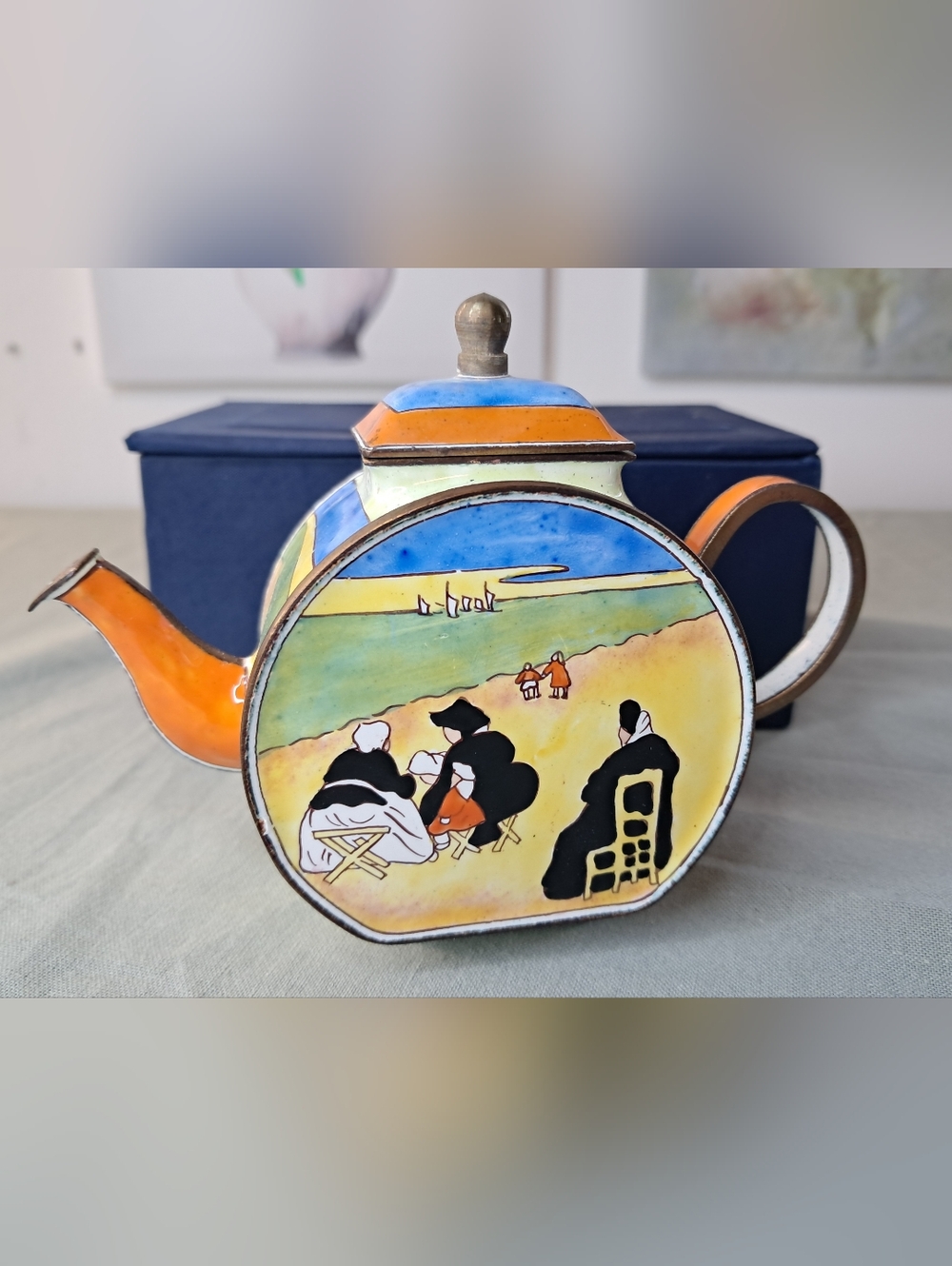 Vintage Kelvin Chen CDV Trade+Aid Beach Landscape Enamel Mini Teapot